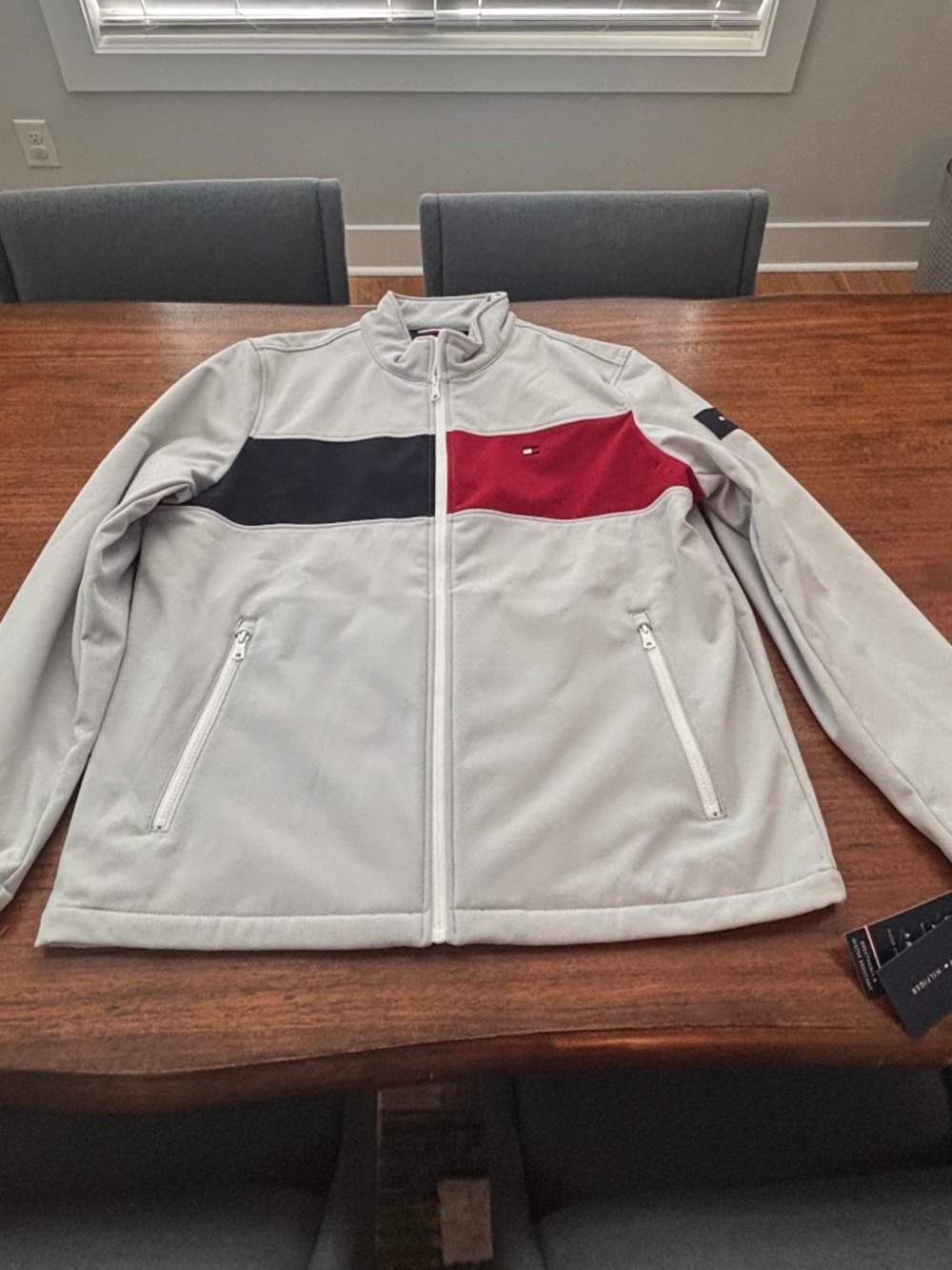 Tommy Hilfiger Flag Softshell Jacket Gray Red Navy Colorblock Full Zip